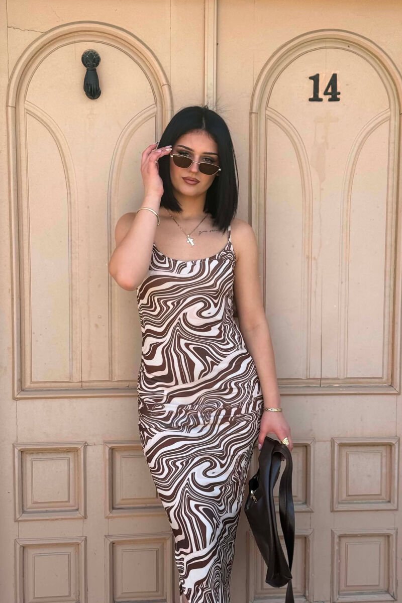 ABSTRACT LINES SIDE LACE-UP SLEEVELESS WOMAN DRESS BROWN/KAFE - 3