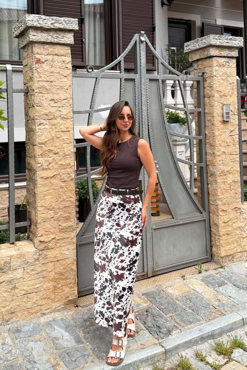 ABSTRACT SATIN LONG WOMEN SKIRT BROWN/KAFE - 1
