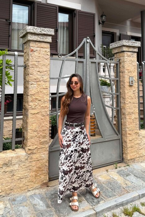 ABSTRACT SATIN LONG WOMEN SKIRT BROWN/KAFE - 3