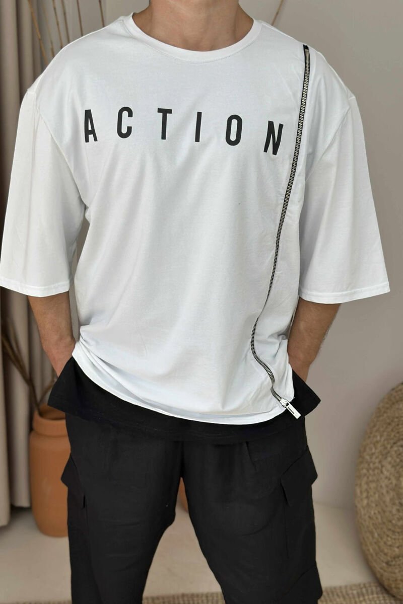 ACTION WRITTING SIMPLE MEN T-SHIRT WHITE-BLACK/BAZE - 2