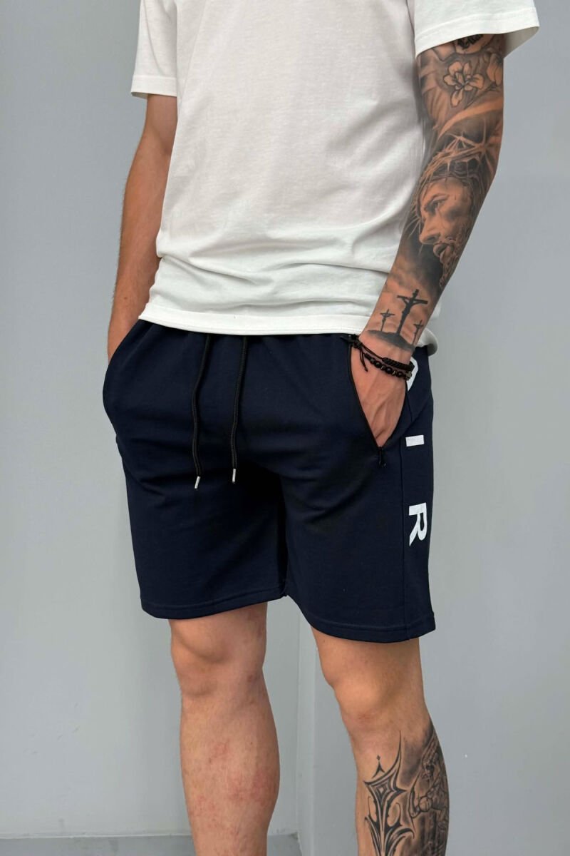 AIR SIDE WRITTING ZIPPER POCKETS MEN SHORT SWEATPANTS DARK BLUE/BEE - 2