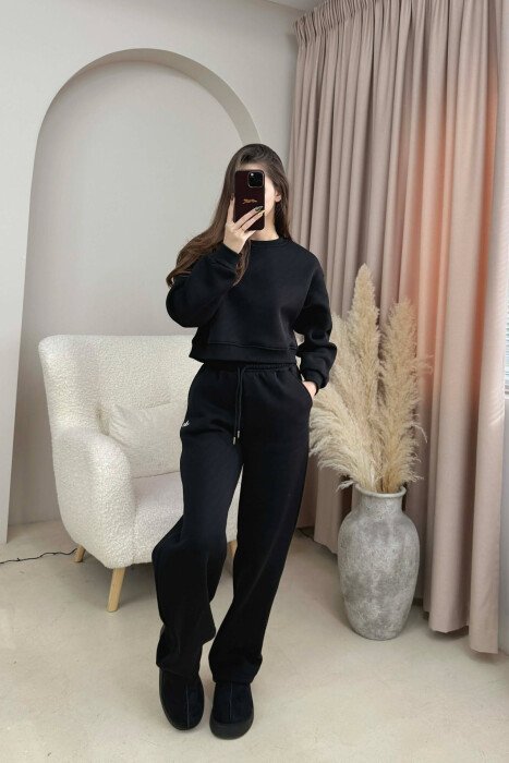 ALO CROPPED SWEATSHIRT+SWEATPANTS FLUFFY WOMEN SET BLACK/ E ZEZE - 1
