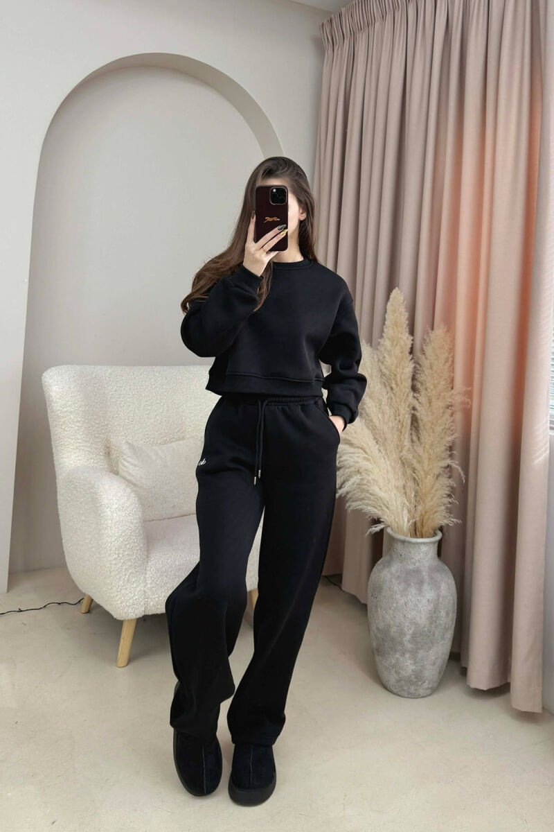ALO CROPPED SWEATSHIRT+SWEATPANTS FLUFFY WOMEN SET BLACK/ E ZEZE - 1