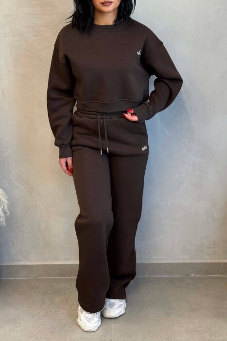 ALO CROPPED SWEATSHIRT+SWEATPANTS FLUFFY WOMEN SET DARK BROWN/KAE - 3