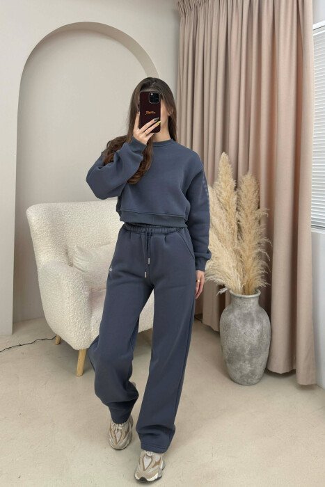 ALO CROPPED SWEATSHIRT+SWEATPANTS FLUFFY WOMEN SET DARK GREY/GEE 
