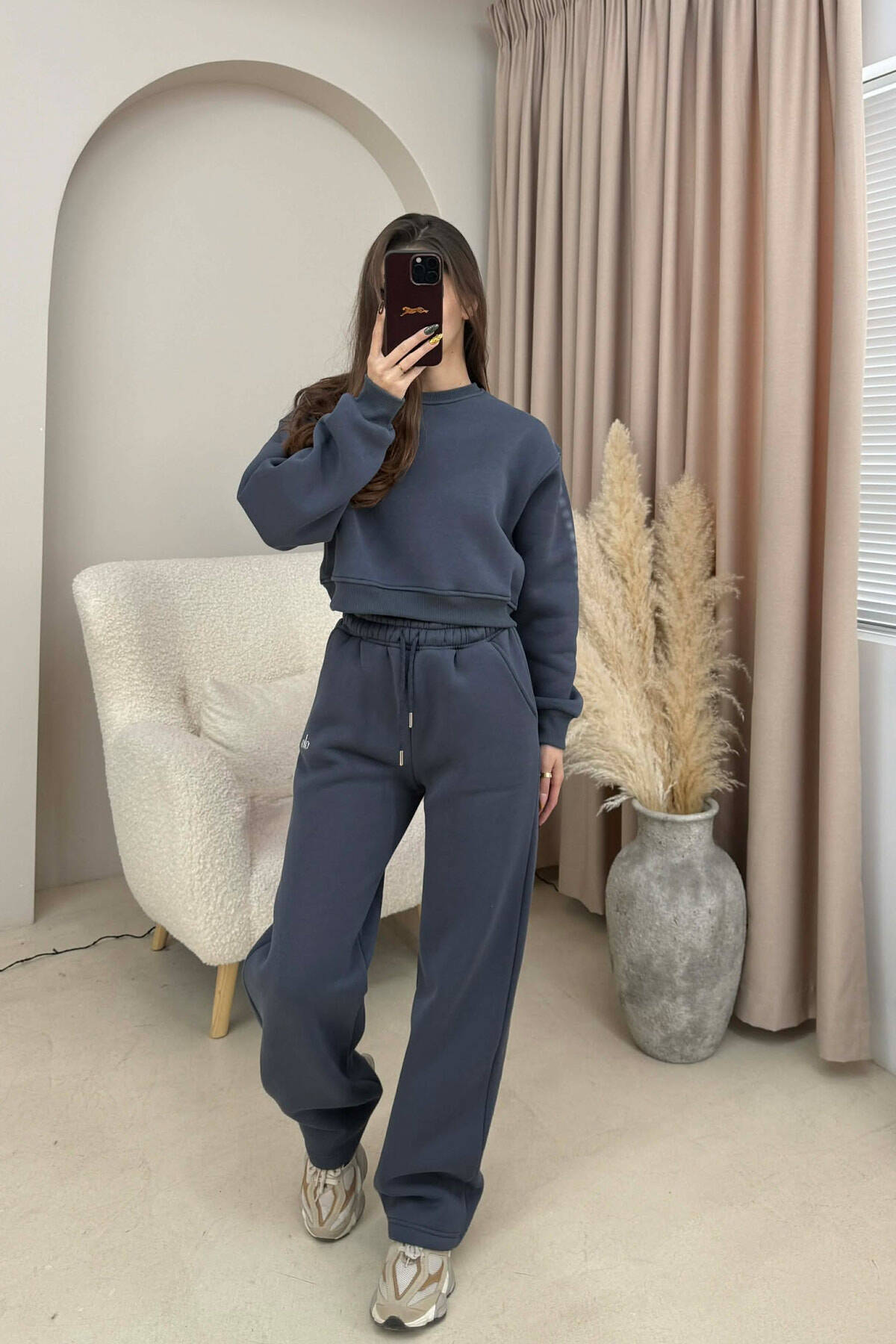 CLAN QUEEN Sweatpants Free size スウェット ALO CROPPED SWEATSHIRT+SWEATPANTS FLUFFY WOMEN SET DARK GREY/GEE