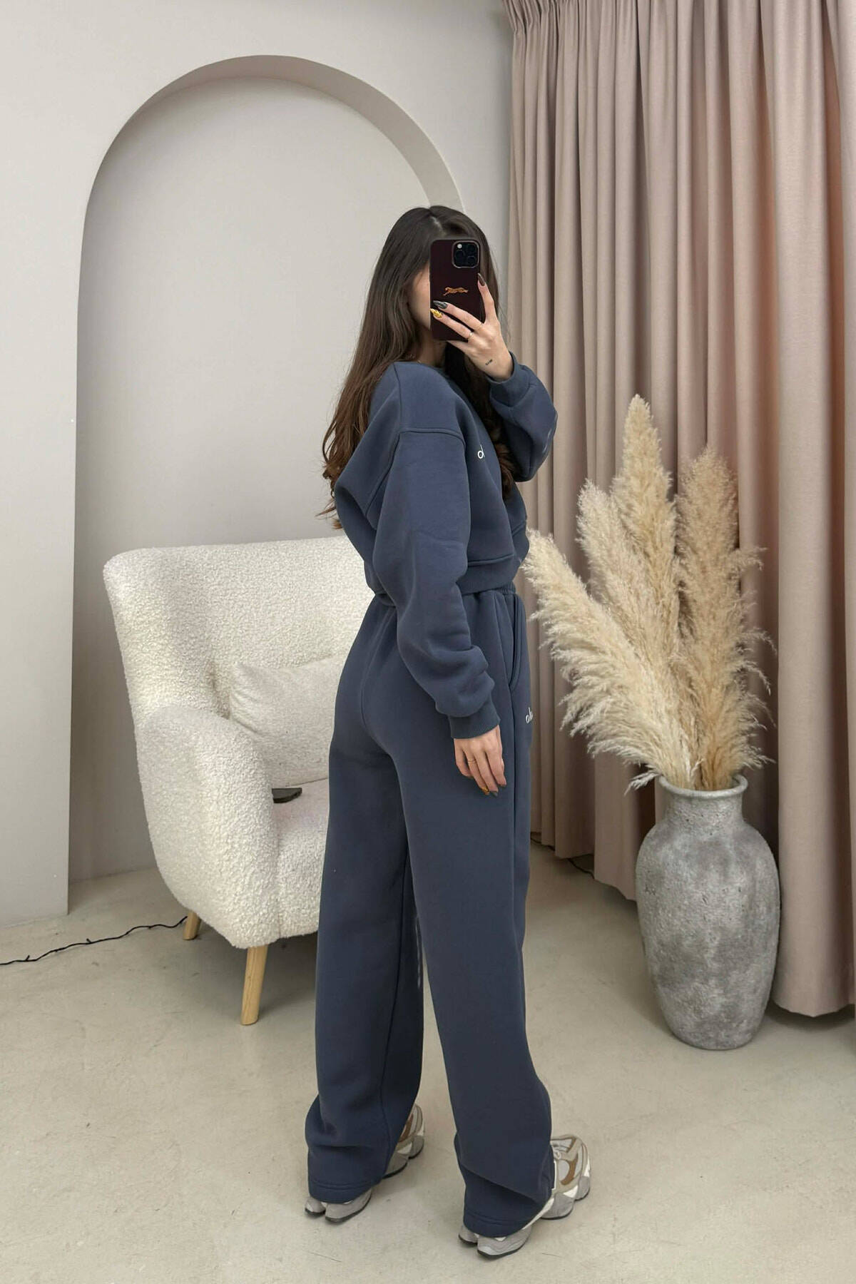 ALO CROPPED SWEATSHIRT+SWEATPANTS FLUFFY WOMEN SET DARK GREY/GEE
