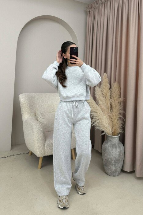ALO CROPPED SWEATSHIRT+SWEATPANTS FLUFFY WOMEN SET LIGHT GREY/GZ 