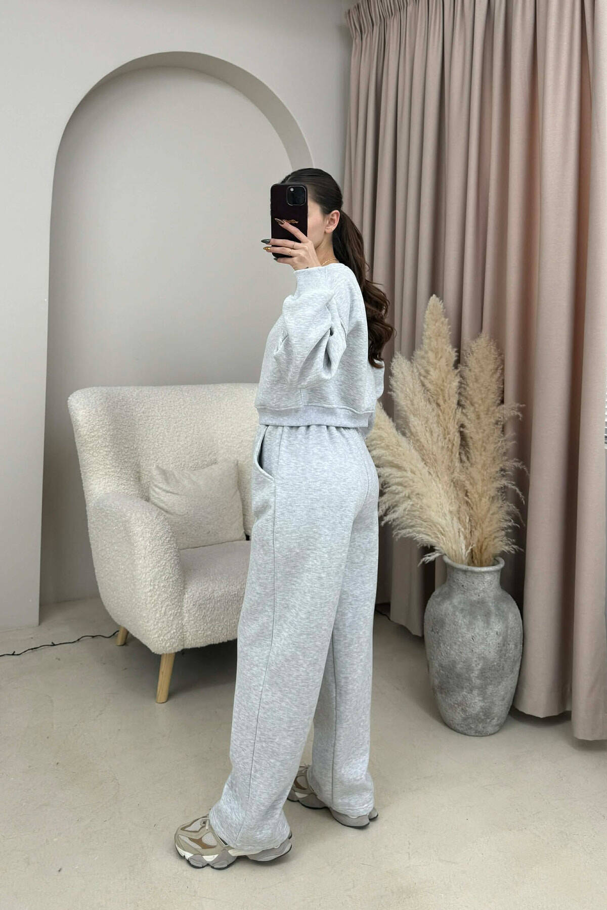 ALO CROPPED SWEATSHIRT+SWEATPANTS FLUFFY WOMEN SET LIGHT GREY/GZ