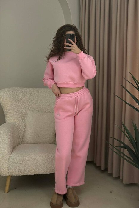 ALO CROPPED SWEATSHIRT+SWEATPANTS FLUFFY WOMEN SET PINK/ROZE 