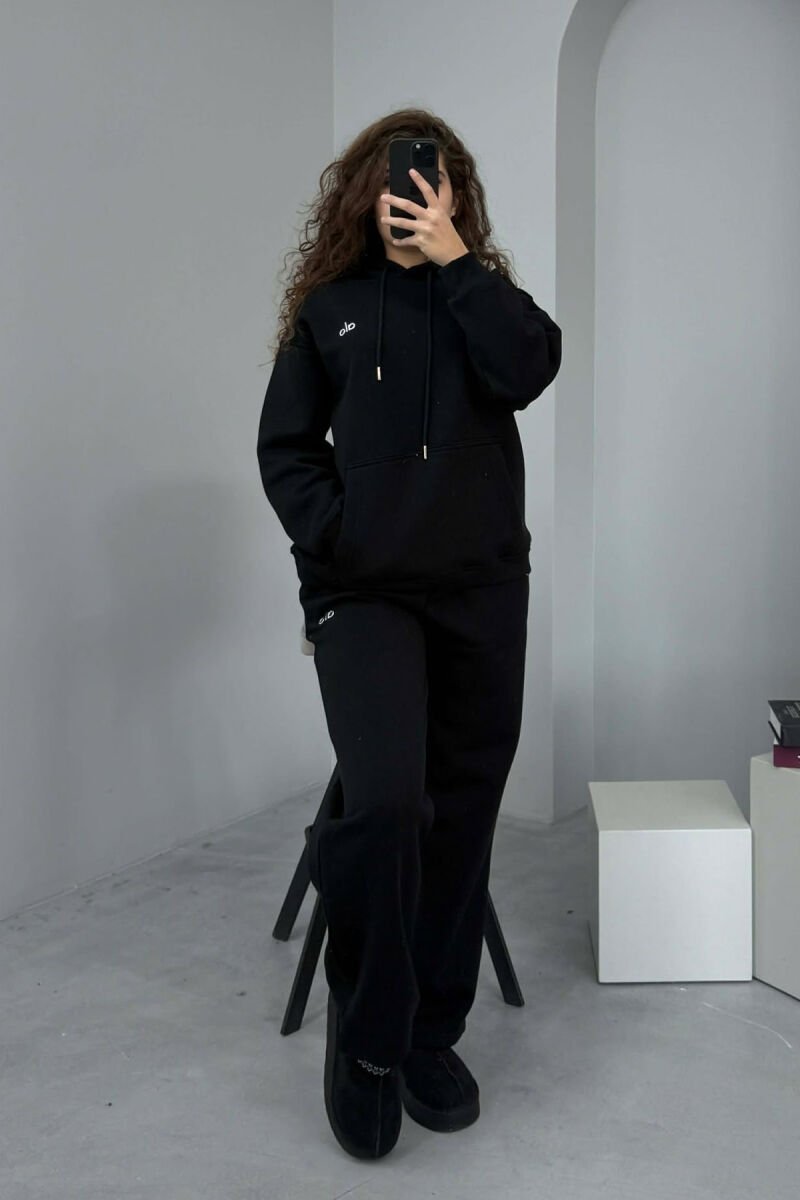 ALO HOODIE+SWEATPANTS FLUFFY WOMEN SET BLACK/ E ZEZE - 1