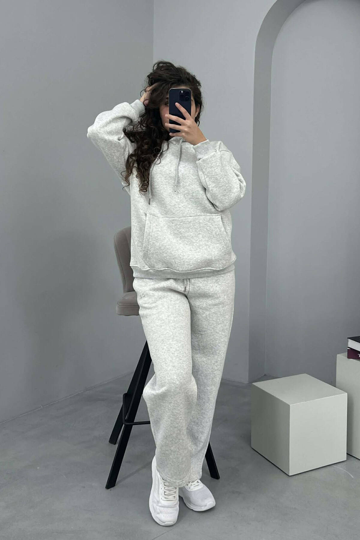 ALO HOODIE+SWEATPANTS FLUFFY WOMEN SET LIGHT GREY/GZ SWEATSUIT