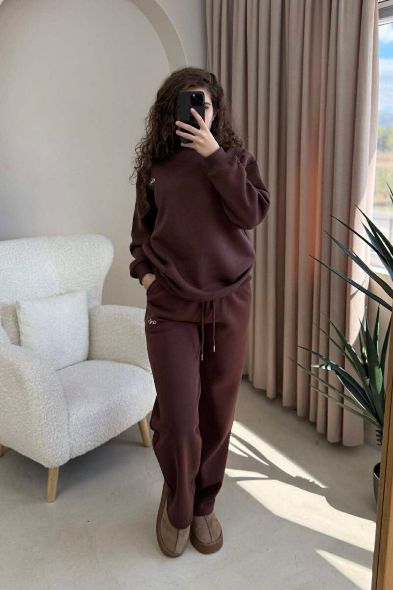 ALO SWEATSHIRT+SWEATPANTS FLUFFY WOMEN SET BROWN/KAFE - 1