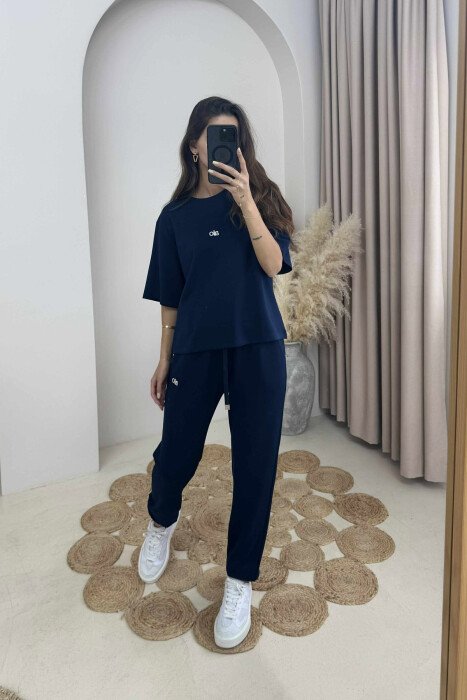 ALO WRITTING T-SHIRT+JOGGERS WOMEN SET DARK BLUE/BEE - KLAUDIO FASHION