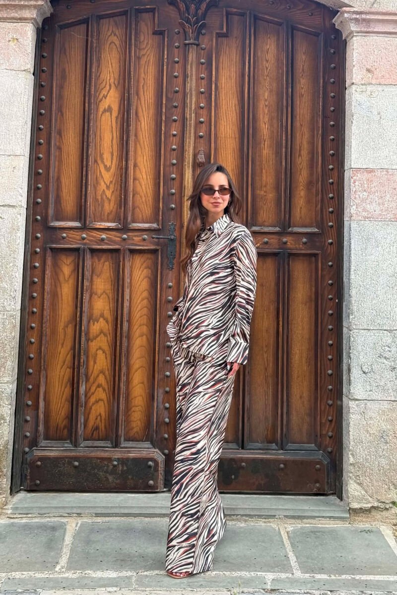 ANIMAL PRINT SHIRT+ WIDE LEG TROUSERS WOMAN SET BROWN/KAFE - 2