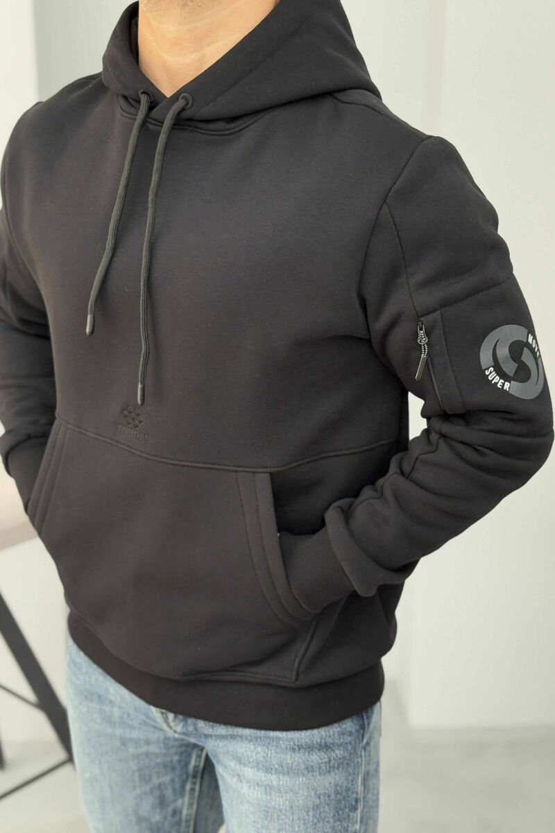 ARM POCKET DETAIL FLUFFY MEN HOODIE BLACK/ E ZEZE - 3