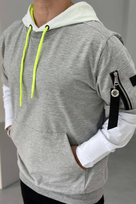 ARM POCKET DETAIL MEN HOODIE LIGHT GREY/GZ - KLAUDIO FASHION