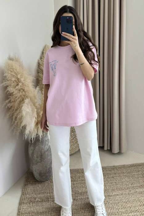 BACK DESIGN AND FRONT IMAGE WOMEN T-SHIRT PINK/ROZE - KLAUDIO FASHION