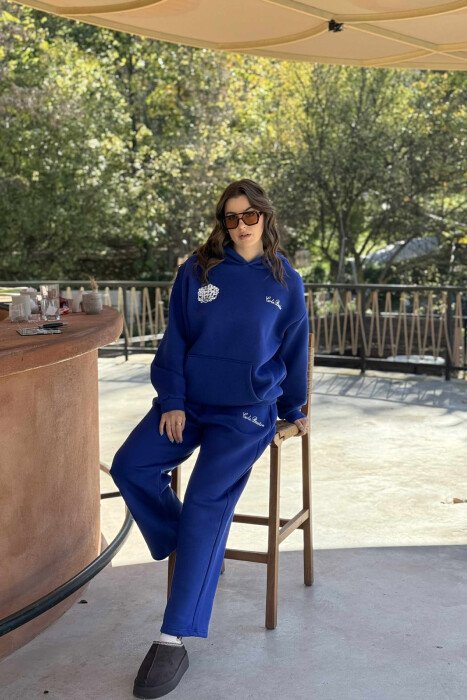 BACK DESIGN FLUFFY HOODIE+ SWEATPANTS WOMEN SET BLUE/BLU - KLAUDIO FASHION