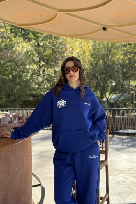 BACK DESIGN FLUFFY HOODIE+ SWEATPANTS WOMEN SET BLUE/BLU - 3