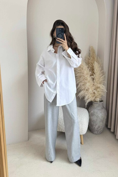 BACK DESIGN ONE COLOR LONG SLEEVE WOMEN SHIRT WHITE-E BARDHE - KLAUDIO FASHION