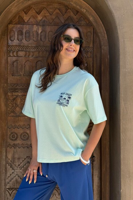 BACK DESIGN ONE COLOR WOMEN T-SHIRT MINT/MENTE - KLAUDIO FASHION