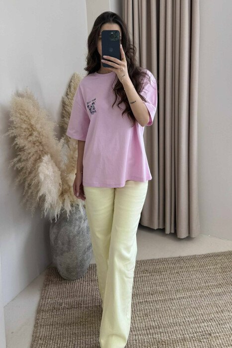 BACK DESIGN ONE COLOR WOMEN T-SHIRT PINK/ROZE - KLAUDIO FASHION