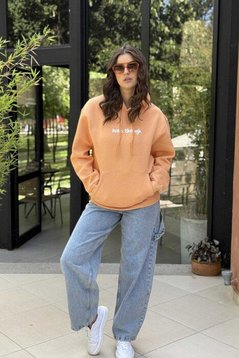 BACK IMAGE & WRITTINGS FLUFFY WOMEN HOODIE ORANGE/PORTOKALLI - 1