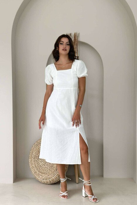 BACK LACING SQUARE NECK WOMEN DRESS WHITE-E BARDHE - KLAUDIO FASHION