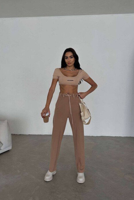 BACK LEATHER DESIGN WOMEN TROUSERS BEIGE/BEZHE - KLAUDIO FASHION