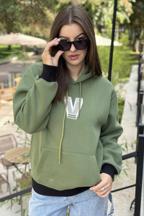 BACK WRITTING FLUFFY WOMEN HOODIE BLACK-GREEN/ZEJE - 2