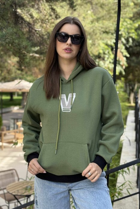 BACK WRITTING FLUFFY WOMEN HOODIE BLACK-GREEN/ZEJE - 3