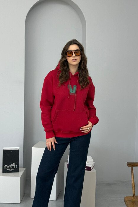 BACK WRITTING FLUFFY WOMEN HOODIE BURGUNDY/VISHNJE - 1