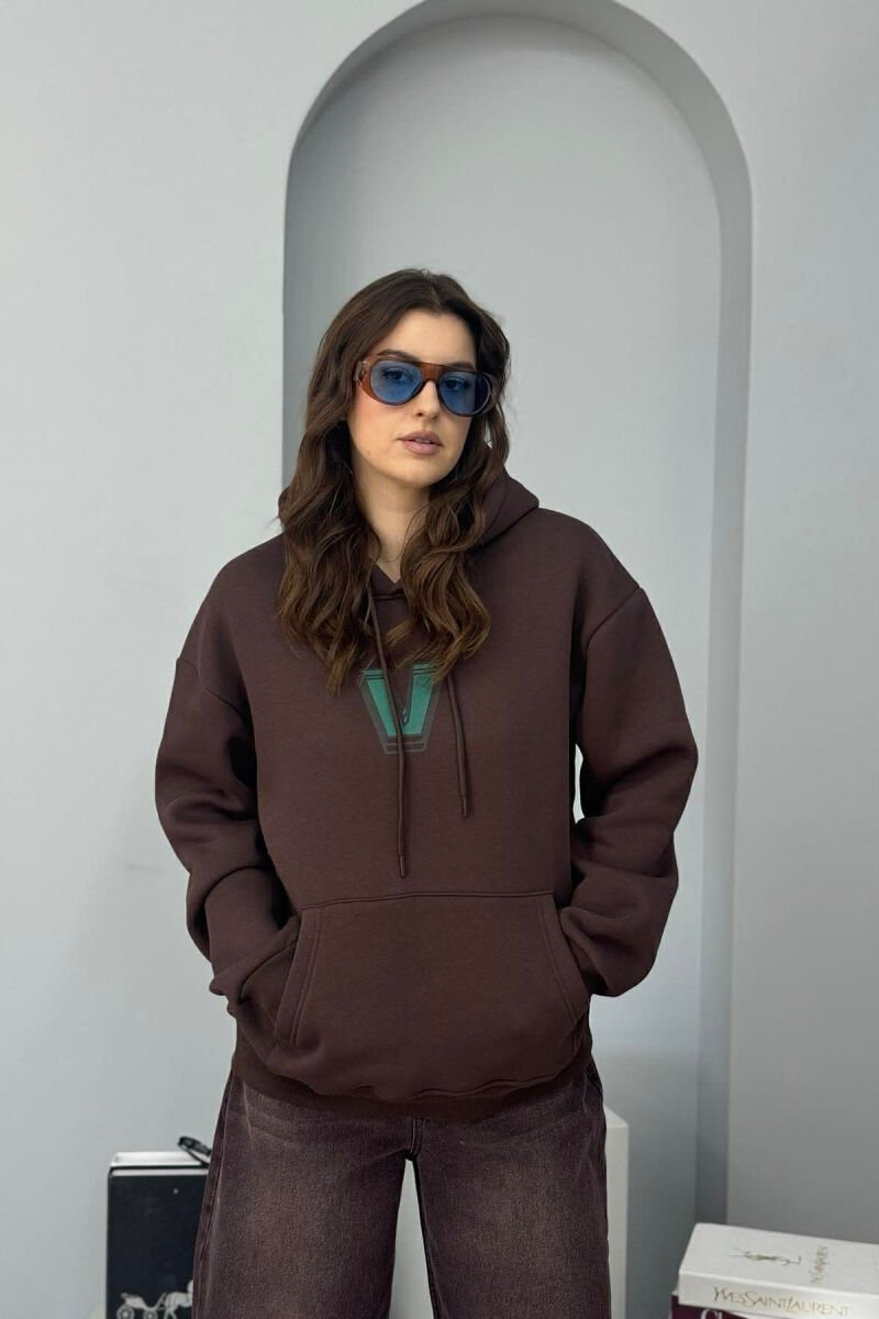 BACK WRITTING FLUFFY WOMEN HOODIE DARK BROWN/KAE - 1