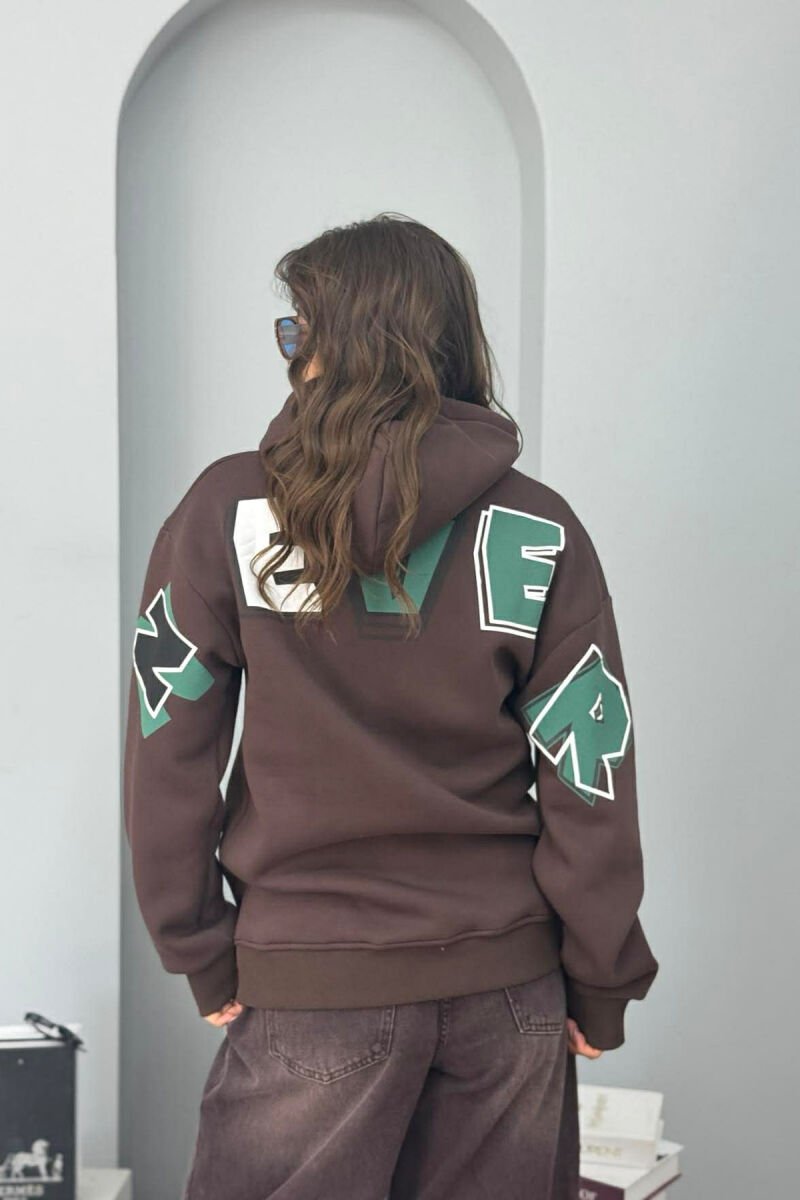 BACK WRITTING FLUFFY WOMEN HOODIE DARK BROWN/KAE - 3