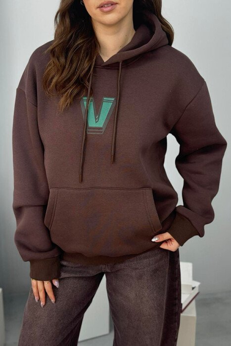 BACK WRITTING FLUFFY WOMEN HOODIE DARK BROWN/KAE - 4
