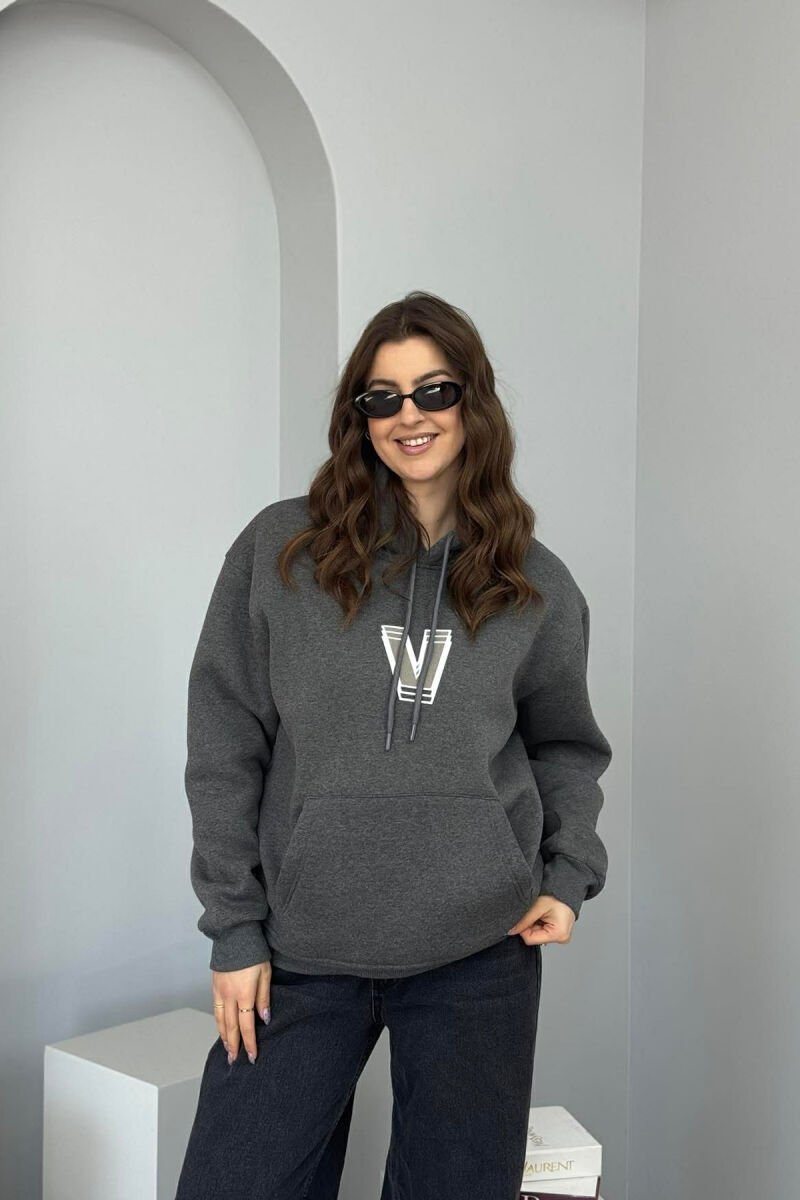 BACK WRITTING FLUFFY WOMEN HOODIE DARK GREY/GEE - 1
