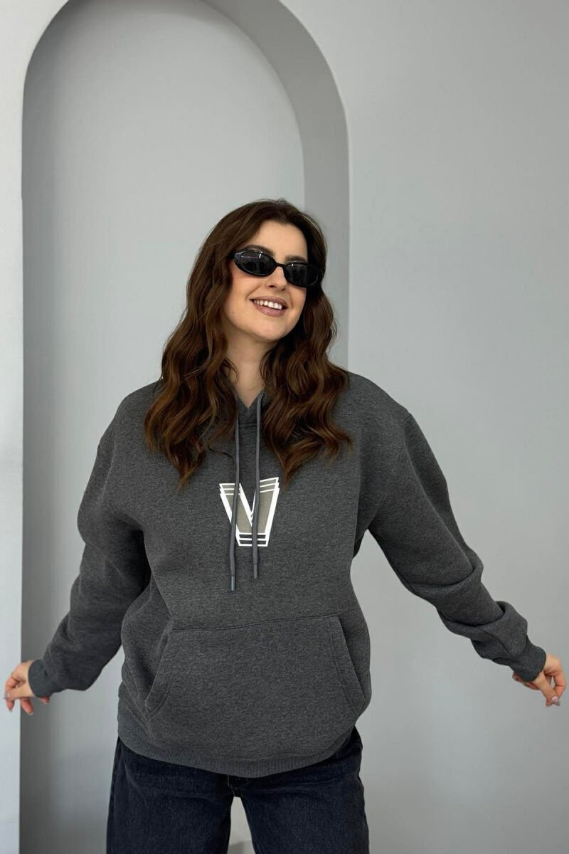 BACK WRITTING FLUFFY WOMEN HOODIE DARK GREY/GEE - 2