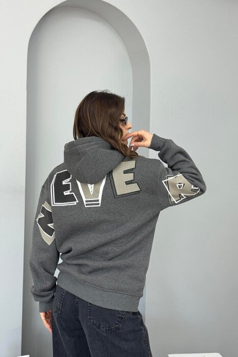 BACK WRITTING FLUFFY WOMEN HOODIE DARK GREY/GEE - 3