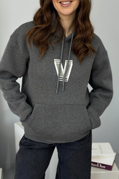 BACK WRITTING FLUFFY WOMEN HOODIE DARK GREY/GEE - 4
