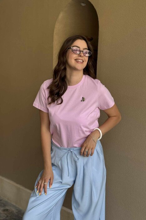 BANANA LOGO ONE COLOR ROUND NECK WOMEN T-SHIRT PINK/ROZE - KLAUDIO FASHION