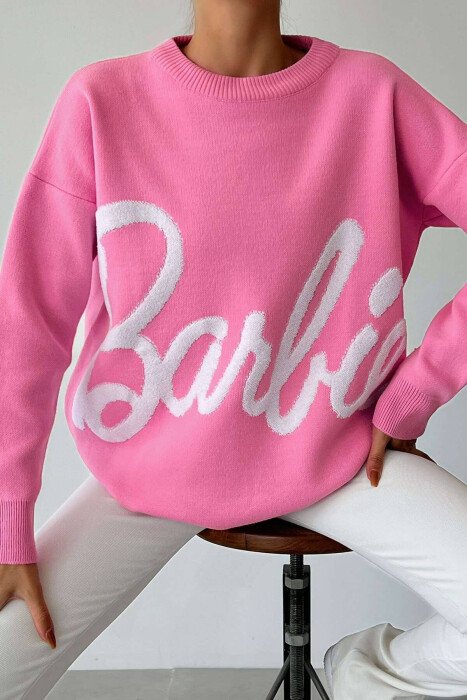 BARBIE FRONT WRITTING WOMEN SWEATER PINK/ROZE - KLAUDIO FASHION