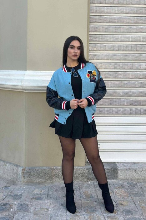 BASKETBALL LOGO BOMBER WOMEN JACKET LIGHTBLUE/BZ - KLAUDIO FASHION