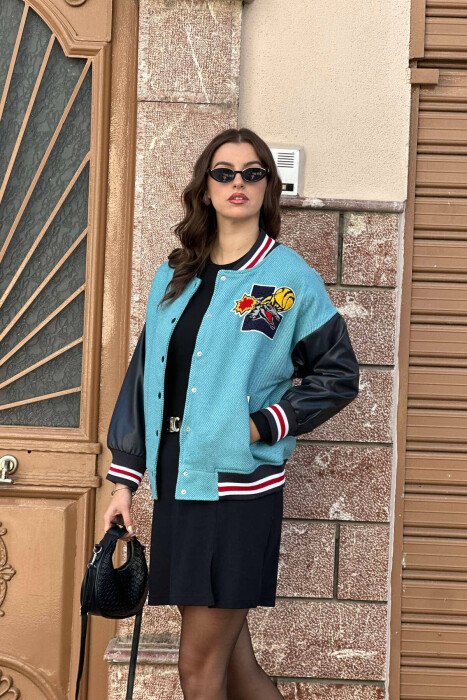 BASKETBALL LOGO BOMBER WOMEN JACKET MINT/MENTE - KLAUDIO FASHION