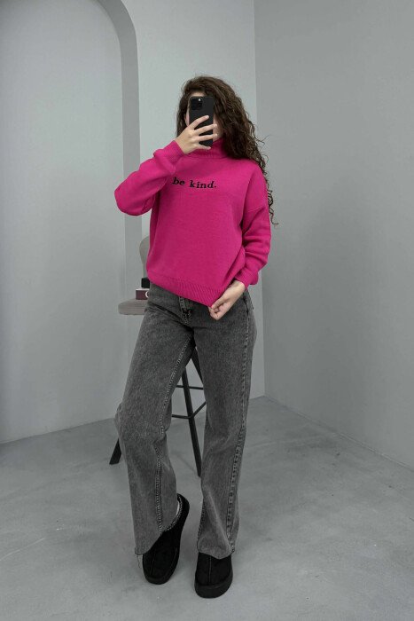 BE KIND WRITTING TURTLE NECK WOMEN SWEATER FUCHSIA/CIKLAMI - 1