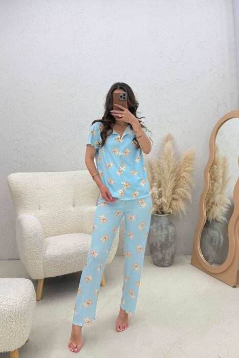 BEAR DESIGN BOW DETAIL WOMEN PYJAMAS LIGHTBLUE/BZ - KLAUDIO FASHION