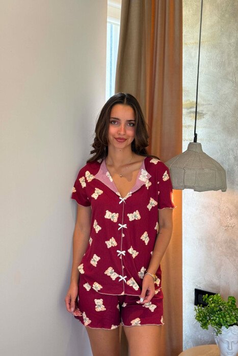 BEAR DESIGN SHIRT + SHORTS WOMEN PYJAMAS BURGUNDY/VISHNJE - KLAUDIO FASHION