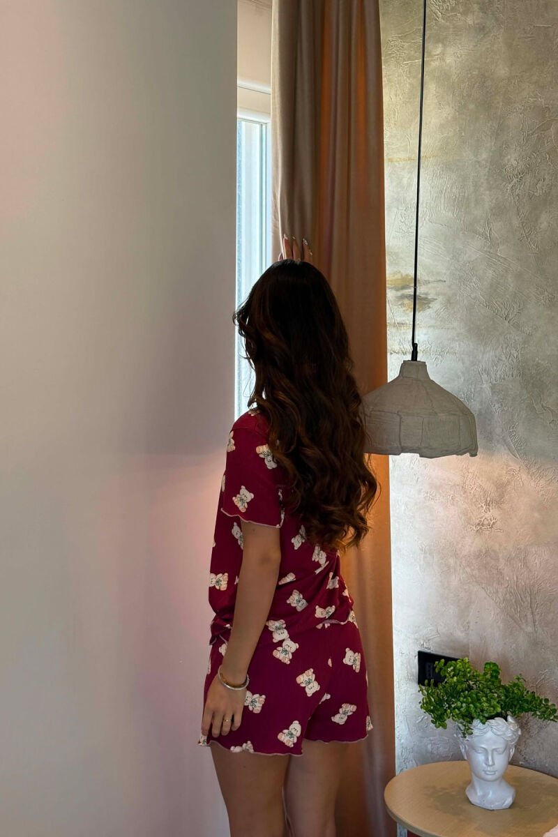 BEAR DESIGN SHIRT + SHORTS WOMEN PYJAMAS BURGUNDY/VISHNJE - 2
