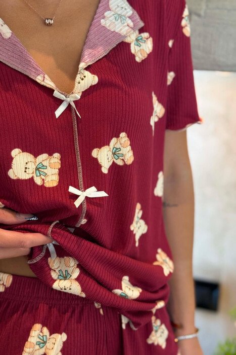 BEAR DESIGN SHIRT + SHORTS WOMEN PYJAMAS BURGUNDY/VISHNJE - 4