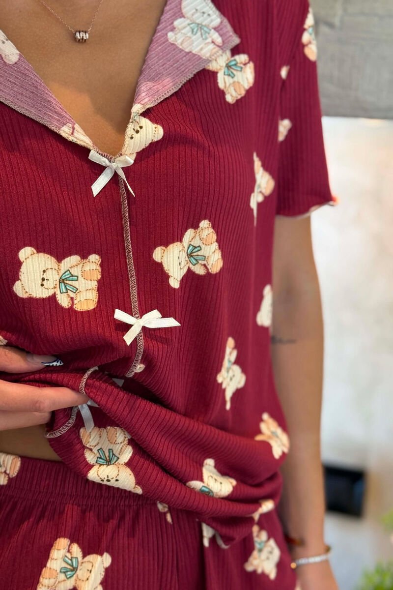 BEAR DESIGN SHIRT + SHORTS WOMEN PYJAMAS BURGUNDY/VISHNJE - 4